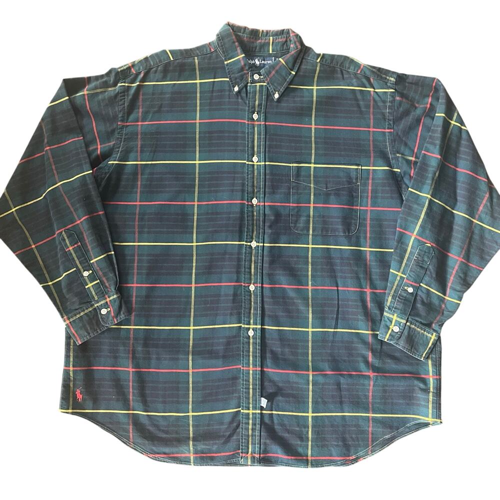 Vintage Ralph Lauren Big Oxford Plaid Shirt XL 100% Cotton Button-Down Polo